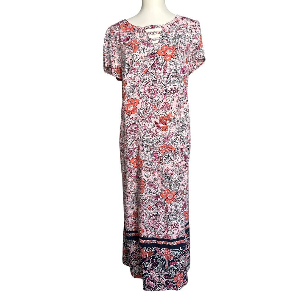 J Jill Pink Paisley Floral Maxi Dress Rayon Short Sleeve Boho Size Medium